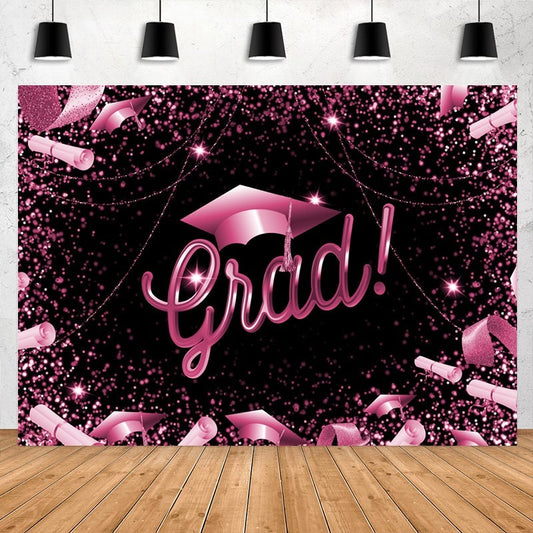 Lofaris Glitter Hot Pink And Black Happy Graduation Backdrop