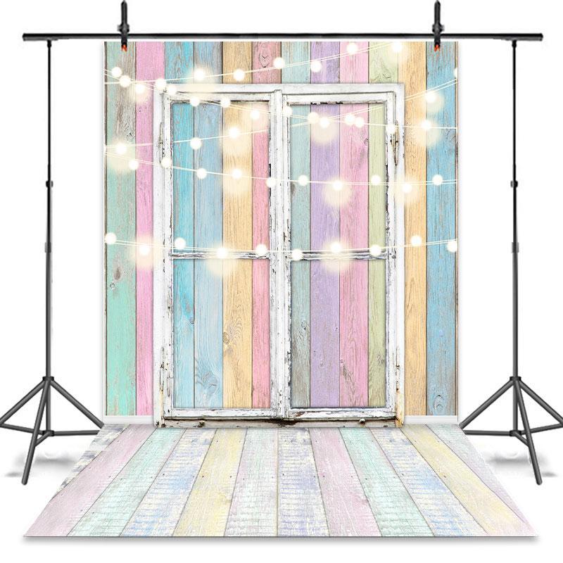 Lofaris Glitter Lights With Colorful Wooden Door Party Backdrop