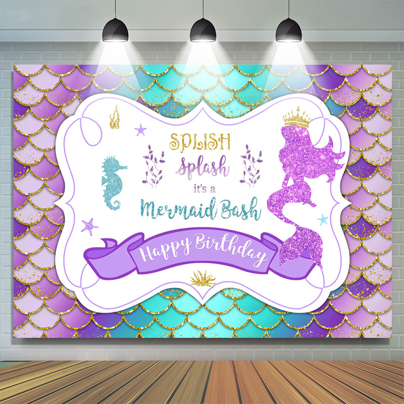 Lofaris Glitter Ocean and Little Mermaid Happy Birthday Backdrop