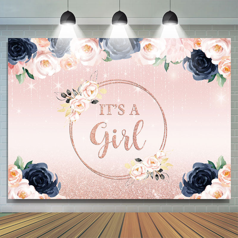 Lofaris Glitter Pink And Floral Its A Girl Baby Shower Backdrop