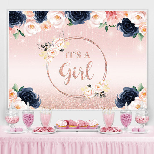Lofaris Glitter Pink And Floral Its A Girl Baby Shower Backdrop