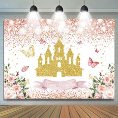 Lofaris Glitter Pink And Golden Castle Floral Birthday Backdrop
