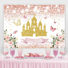 Lofaris Glitter Pink And Golden Castle Floral Birthday Backdrop