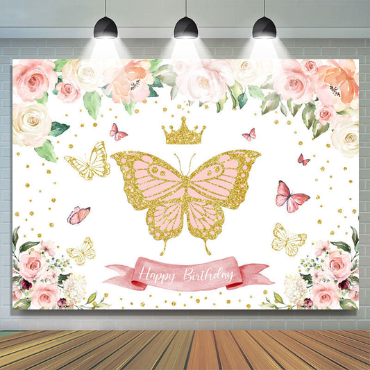 Lofaris Glitter Pink Butterfly Floral Happy Birthday Backdrop