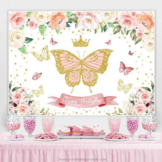 Lofaris Glitter Pink Butterfly Floral Happy Birthday Backdrop