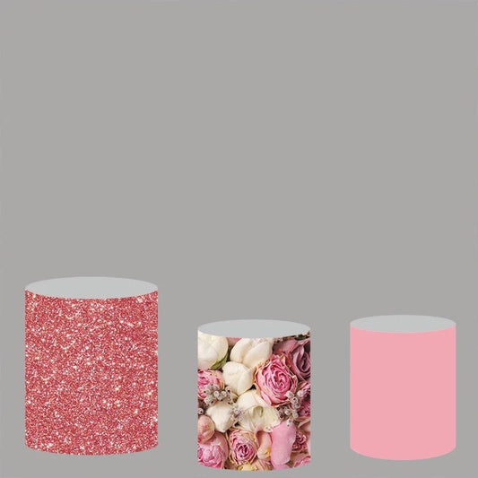 Lofaris Glitter Pink Floral Backdrop Plinth Cylinder Cover Kit