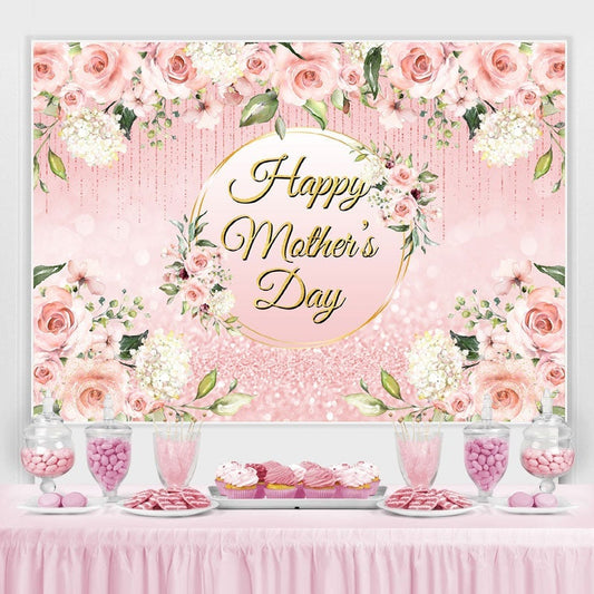 Lofaris Glitter Pink Golden Floral Happy Mothers Day Backdrop