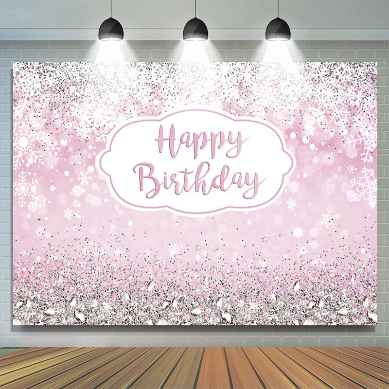 Lofaris Glitter Pink Snowflake Happy Birthday Backdrop For Girl