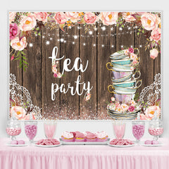 Lofaris Glitter Pink Tea Party Floral Happy Birthday Backdrop