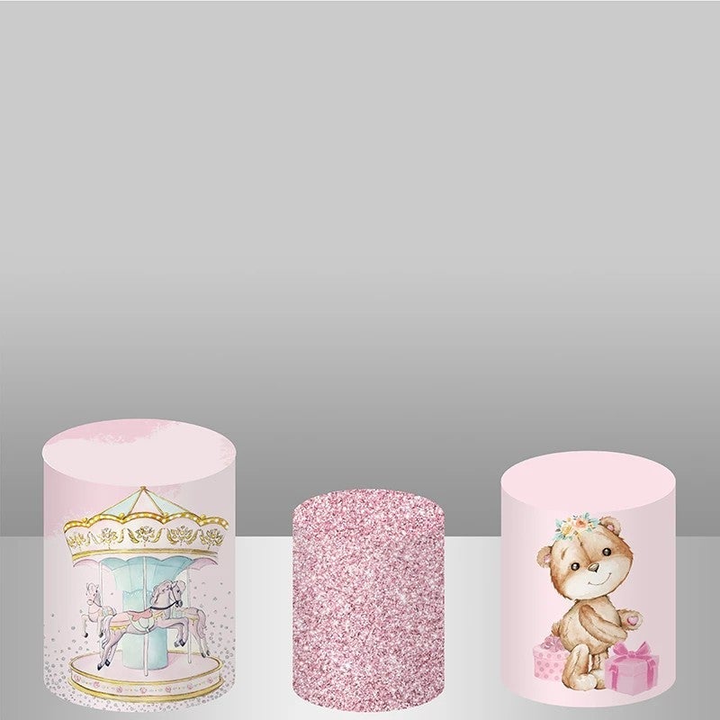Lofaris Glitter Pink Teddy Backdrop Plinth Cylinder Cover Kit