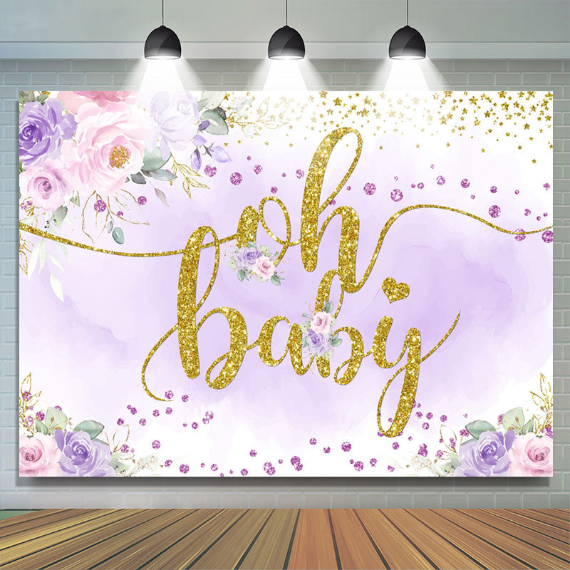 Lofaris Glitter Purple And Golden Floral Baby Shower Backdrop