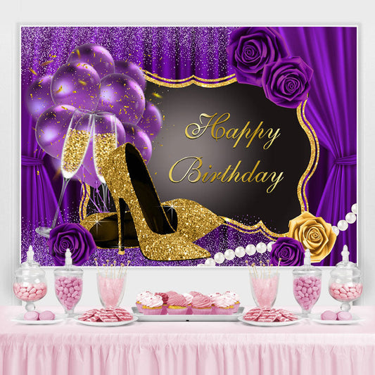 Lofaris Glitter Purple And High Heels Happy Birthday Backdrop