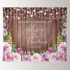 Lofaris Glitter Purple Floral Wooden Theme Wedding Backdrop