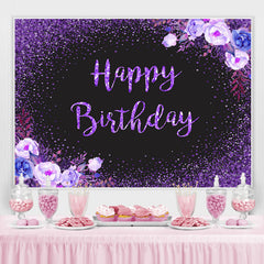 Lofaris Glitter Purple Flowers Black Happy Birthday Backdrop
