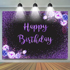 Lofaris Glitter Purple Flowers Black Happy Birthday Backdrop