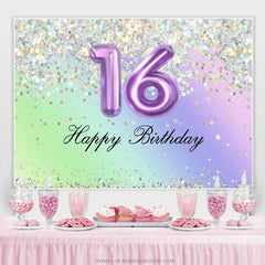 Lofaris Glitter Purple Happy 16Th Birthday Backdrop For Girl