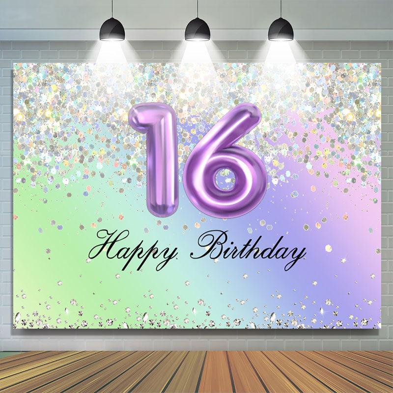 Lofaris Glitter Purple Happy 16Th Birthday Backdrop For Girl