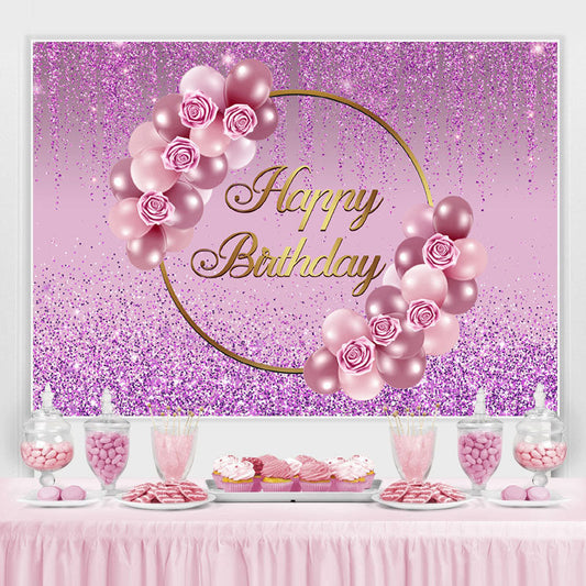 Lofaris Glitter Purple Rose And Balloon Happy Birthday Backdrop