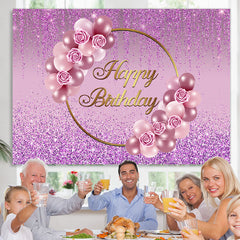 Lofaris Glitter Purple Rose And Balloon Happy Birthday Backdrop
