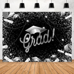 Lofaris Glitter Silver And Black Happy Graduation Backdrop