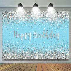 Lofaris Glitter Silver And Blue Happy Birthday theme Backdrop