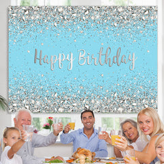 Lofaris Glitter Silver And Blue Happy Birthday theme Backdrop