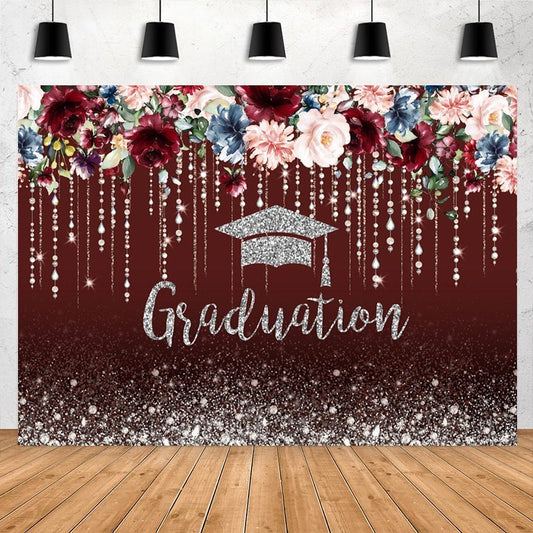 Lofaris Glitter Silver And Burgundy Flower Graduation Backdrop