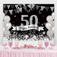 Lofaris Glitter Silver Balloons 50th Happy Birthday Backdrop