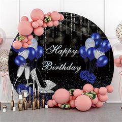 Lofaris Glitter Silver Balloons Round Happy Birthday Backdrop