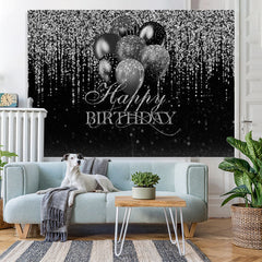 Lofaris Glitter Silver Black Balloon Happy Birthday Backdrop