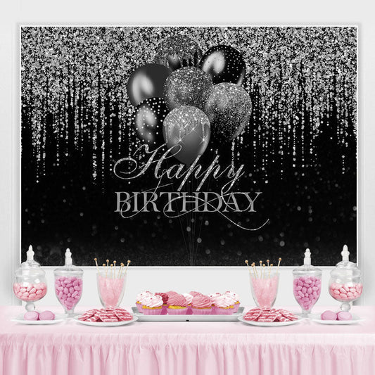 Lofaris Glitter Silver Black Balloon Happy Birthday Backdrop