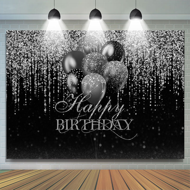 Lofaris Glitter Silver Black Balloon Happy Birthday Backdrop