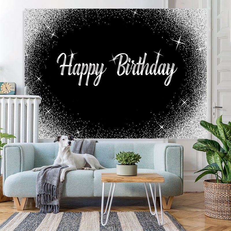 Lofaris Glitter Silver Dots and Black Happy Birthday Backdrop