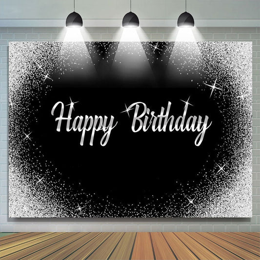 Lofaris Glitter Silver Dots and Black Happy Birthday Backdrop