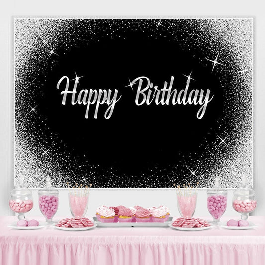 Lofaris Glitter Silver Dots and Black Happy Birthday Backdrop