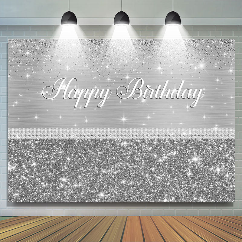 Glitter Silver Happy Birthday Backdrop For Party Event