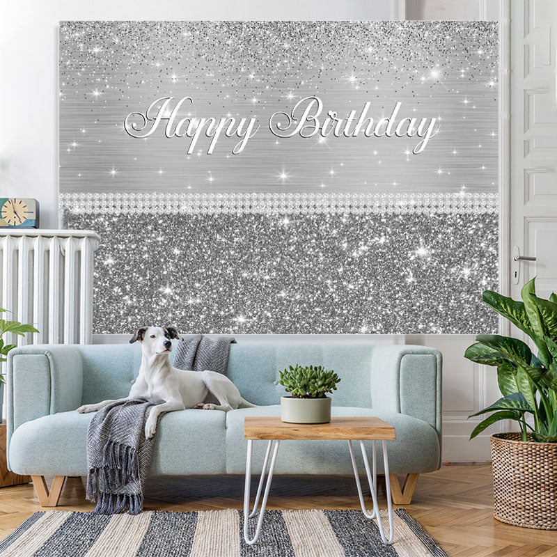 Lofaris Glitter Silver Happy Birthday Backdrop For Party Event