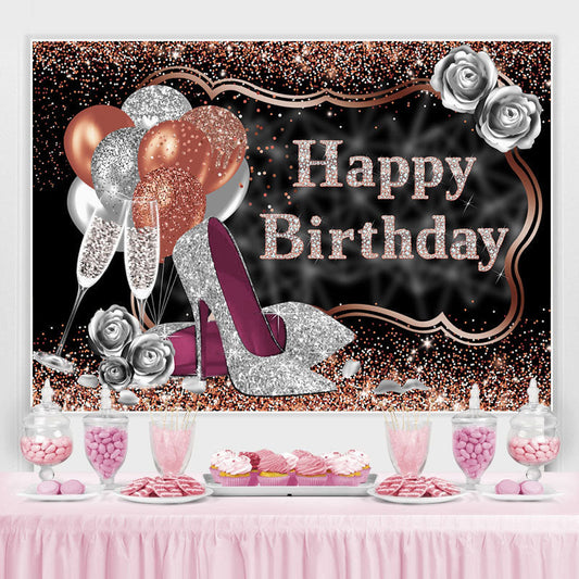 Lofaris Glitter Silver Rose Golden Happy Birthday Backdrop
