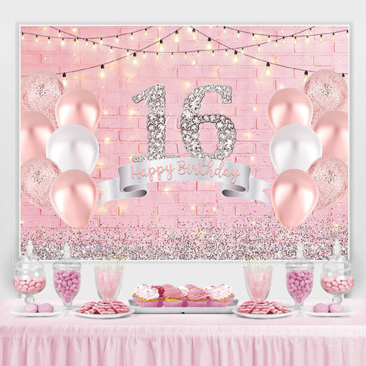 Lofaris Glitter Silver Girls Pink Balloon Birthday Backdrop