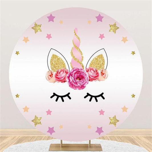 Lofaris Glitter Star And Floral Unicorm Round Birthday Backdrop