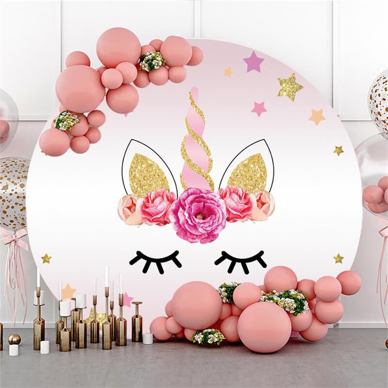 Lofaris Glitter Star And Floral Unicorm Round Birthday Backdrop