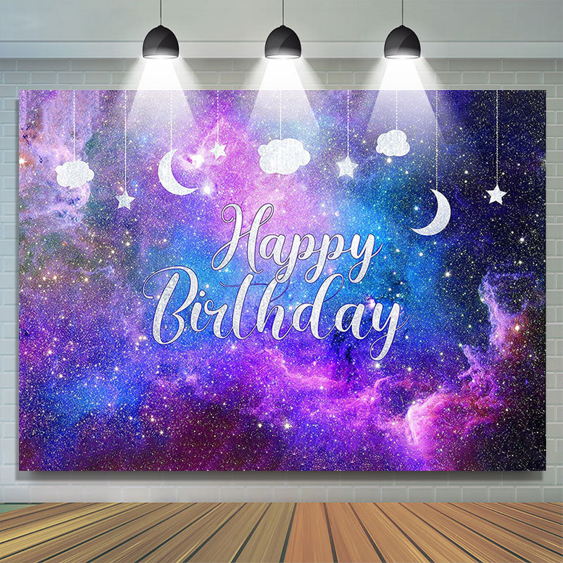 Glitter Starry Purple Galaxy Happy Birthday Backdrop - Lofaris