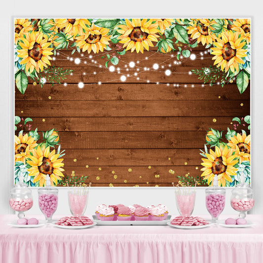 Lofaris Glitter Sunflower Bokeh Wooden Happy Birthday Backdrop