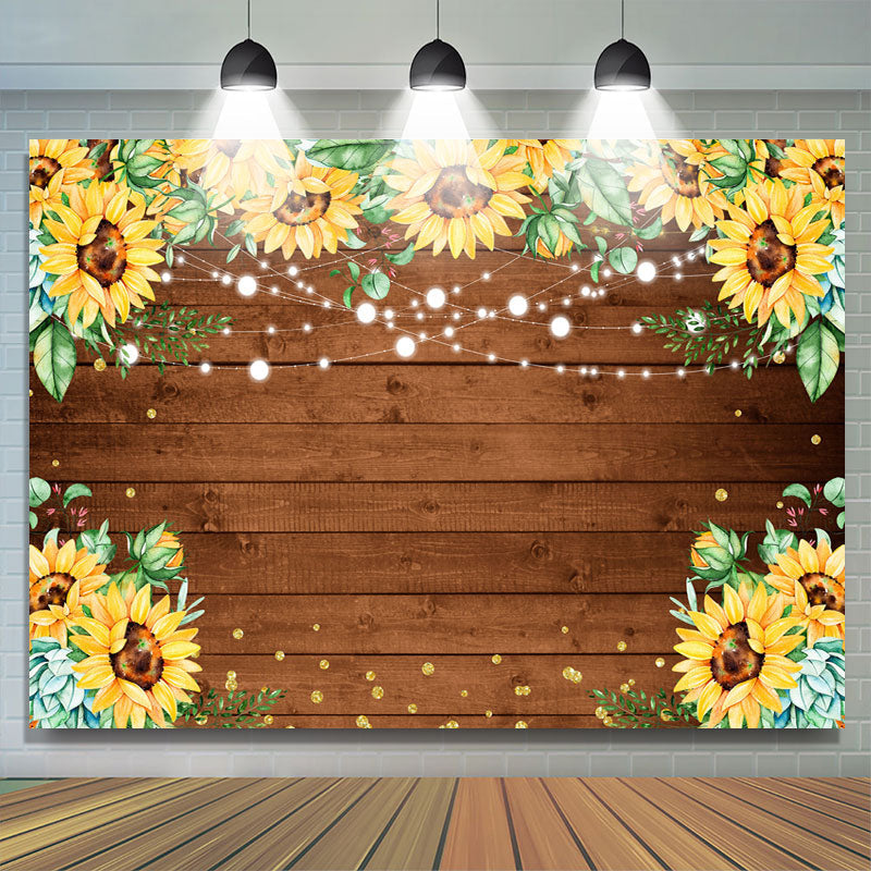 Lofaris Glitter Sunflower Bokeh Wooden Happy Birthday Backdrop