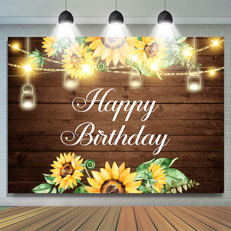 Lofaris Glitter Sunflowers And Wooden Happy Birthday Backdrop