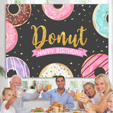 Load image into Gallery viewer, Lofaris Glitter Sweet Donut Black Happy Birthday Party Backdrop