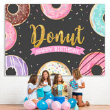 Load image into Gallery viewer, Lofaris Glitter Sweet Donut Black Happy Birthday Party Backdrop
