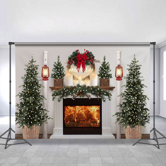 Lofaris Glitter Tree And Fireplace White Christmas Backdrop