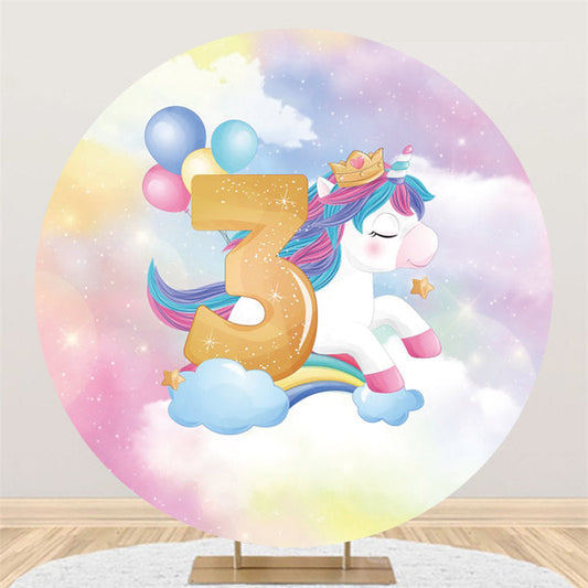 Lofaris Glitter Unicorn Balloons Round Happy 3th Birthday Backdrop