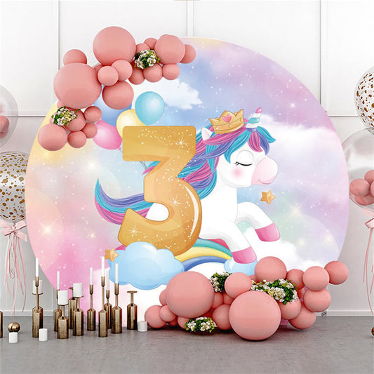 Lofaris Glitter Unicorn Balloons Round Happy 3th Birthday Backdrop